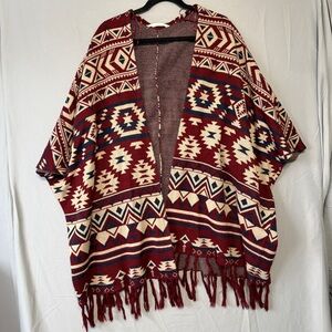 Bluenotes Womens Tribal Open Front Cardigan One Size Western Fringe Aztec Red